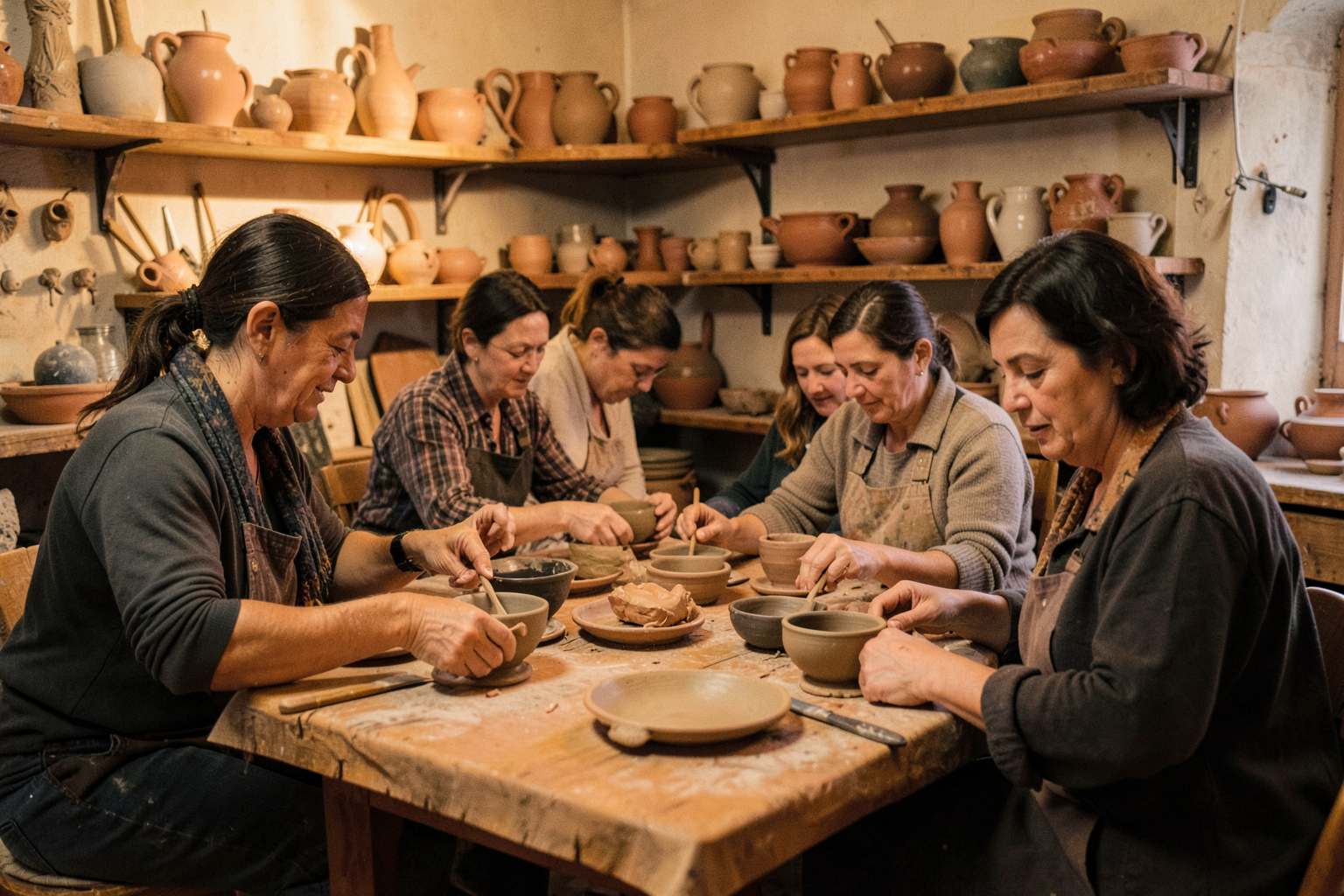 Un piccolo gruppo di principianti modella ciotole di argilla attorno a un tavolo di legno in un laboratorio di ceramica a Firenze